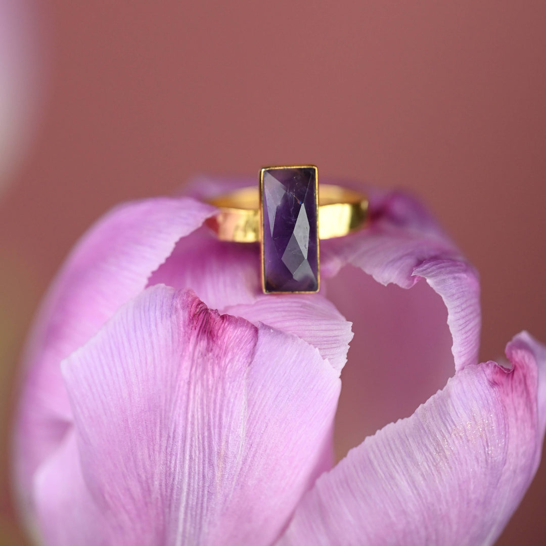 Amethyst  Rectangle Ring on a Hand Hammered Golden Band