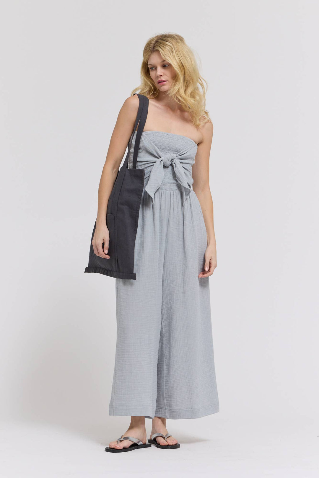 70203CG - TIE FRONT GAUZE JUMPSUIT
