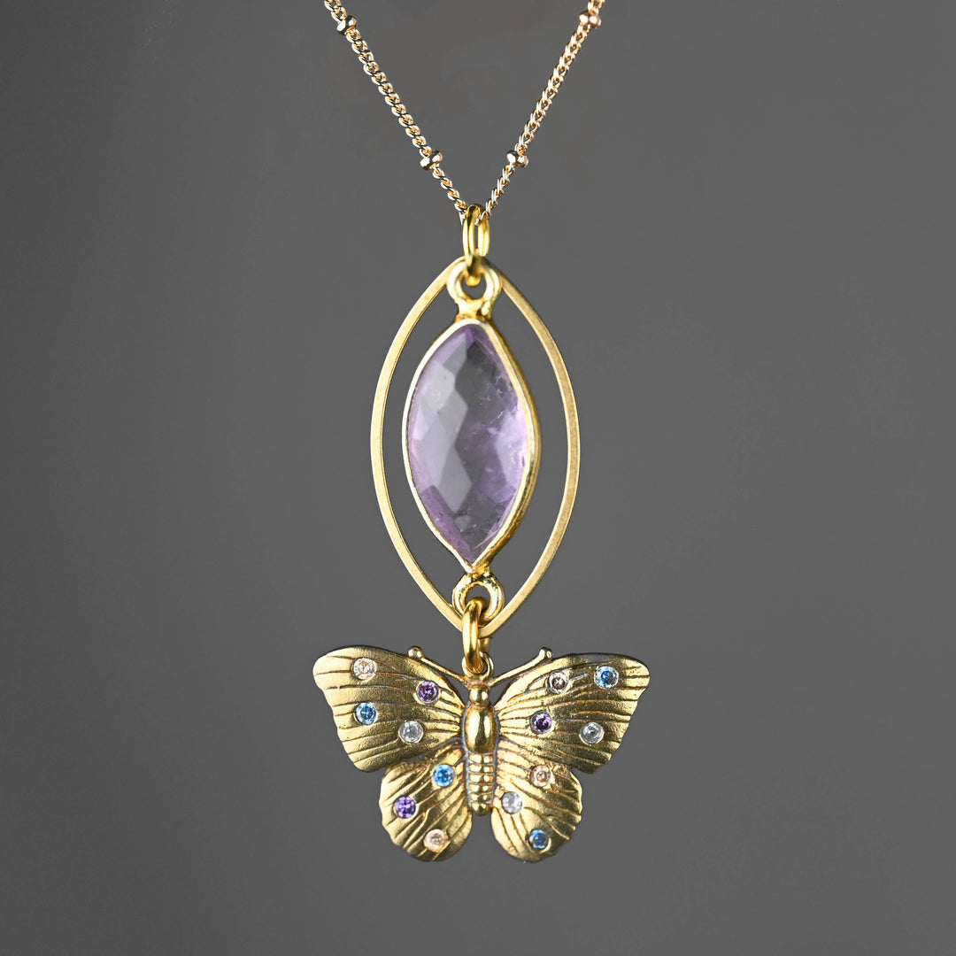 Vintage Butterfly Necklace w/ Multi Stones and Semi Precious