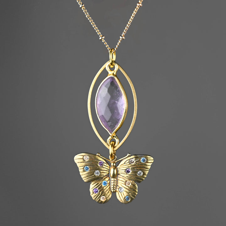 Vintage Butterfly Necklace w/ Multi Stones and Semi Precious