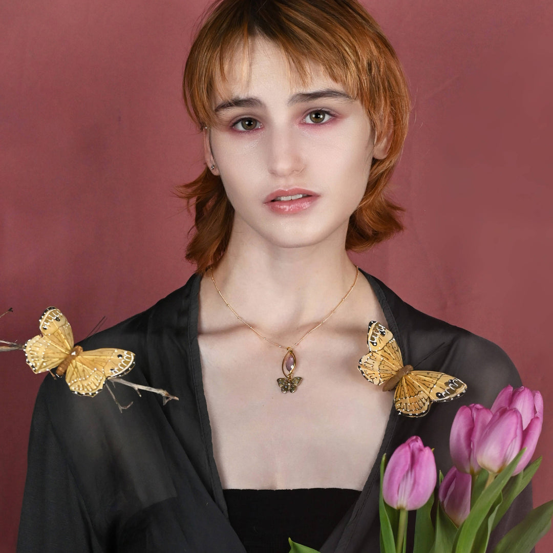 Vintage Butterfly Necklace w/ Multi Stones and Semi Precious