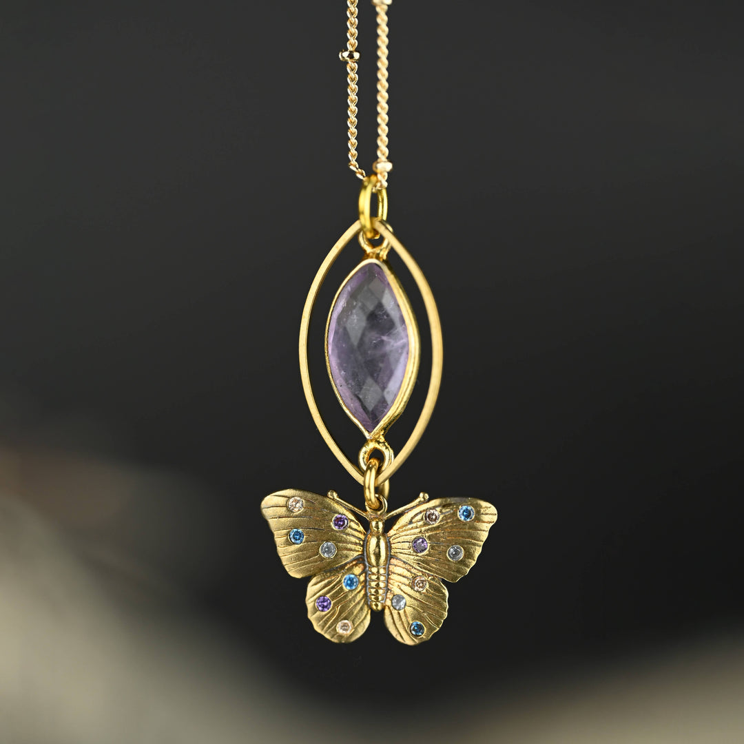 Vintage Butterfly Necklace w/ Multi Stones and Semi Precious
