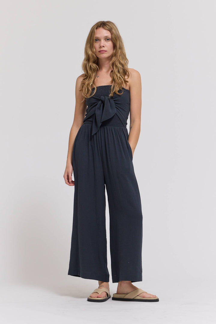 70203CG - TIE FRONT GAUZE JUMPSUIT
