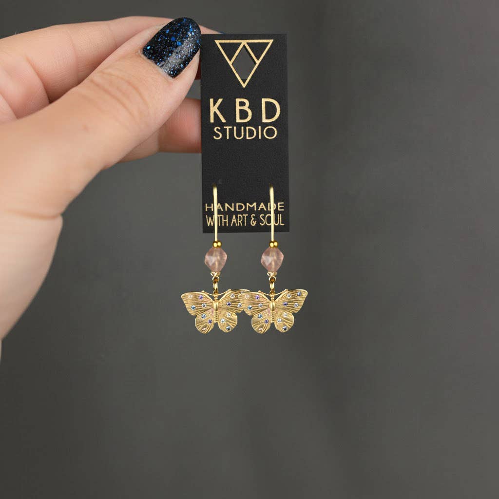 Butterflies w/ Colored Stones & Gemstone Long Wire Earrings