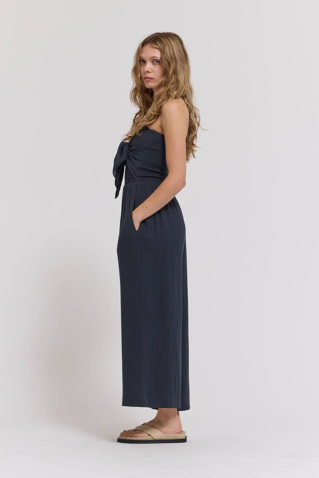 70203CG - TIE FRONT GAUZE JUMPSUIT