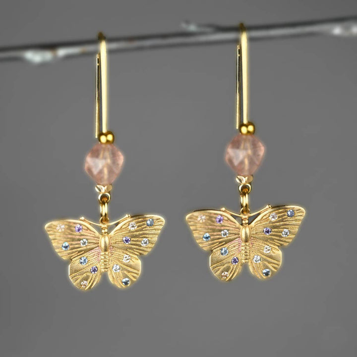 Butterflies w/ Colored Stones & Gemstone Long Wire Earrings