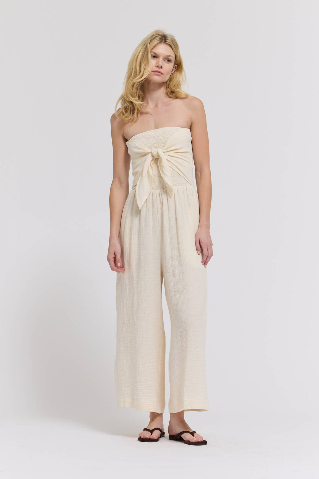 70203CG - TIE FRONT GAUZE JUMPSUIT