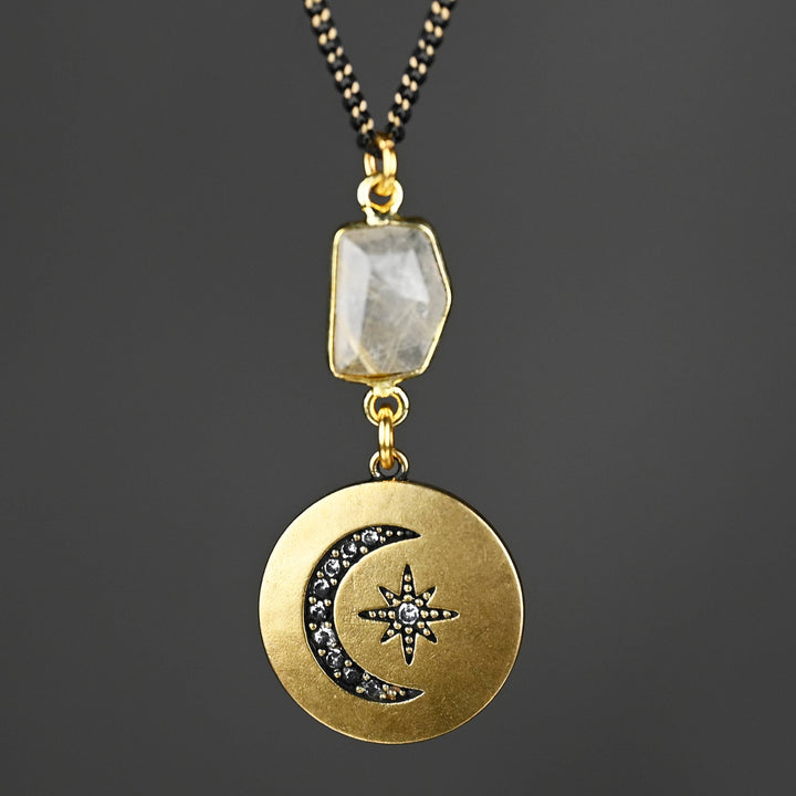 Vintage Brass Moon & Star w/ Semi Precious Necklace
