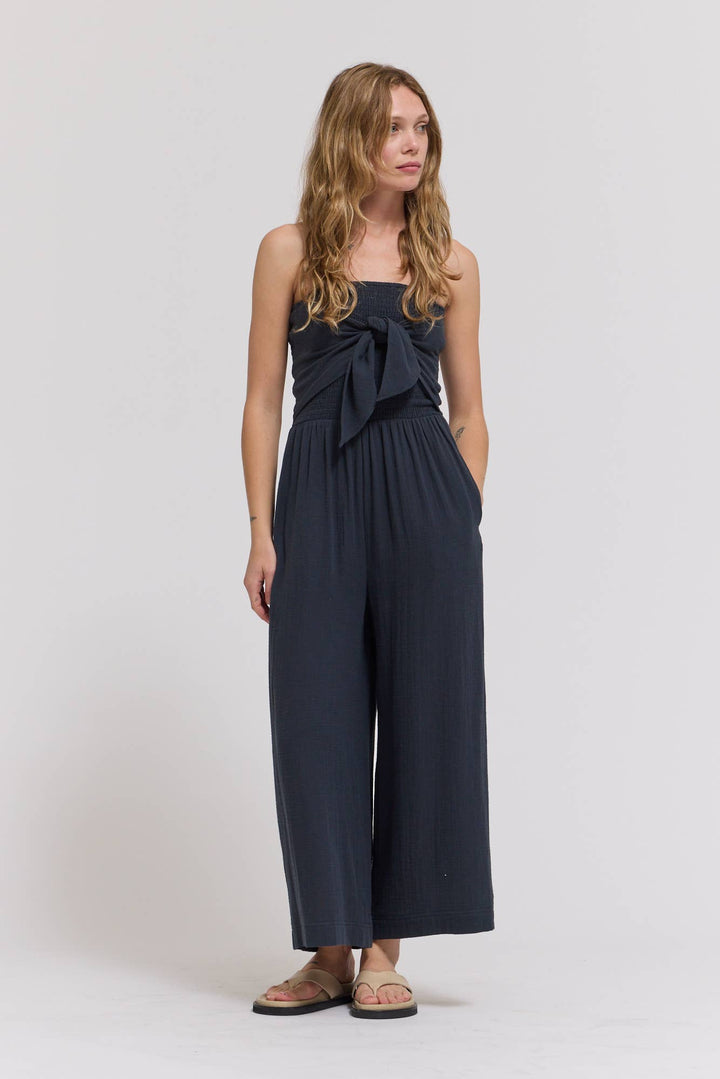 70203CG - TIE FRONT GAUZE JUMPSUIT
