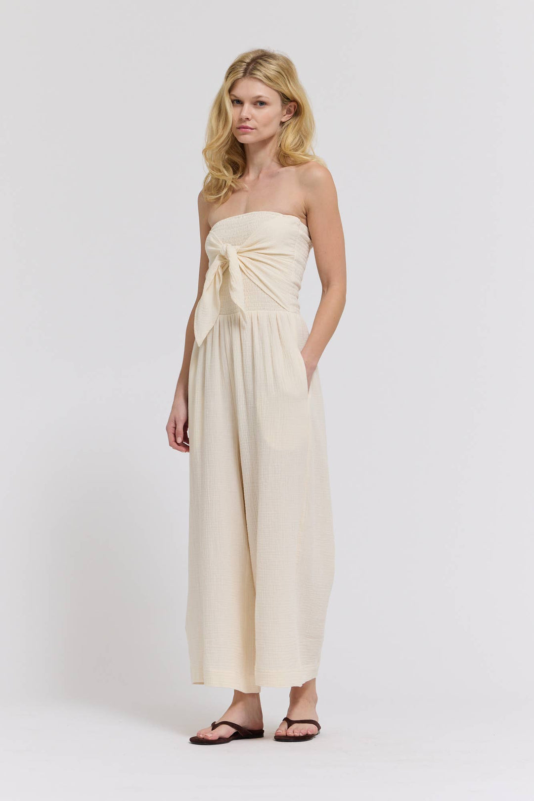 70203CG - TIE FRONT GAUZE JUMPSUIT