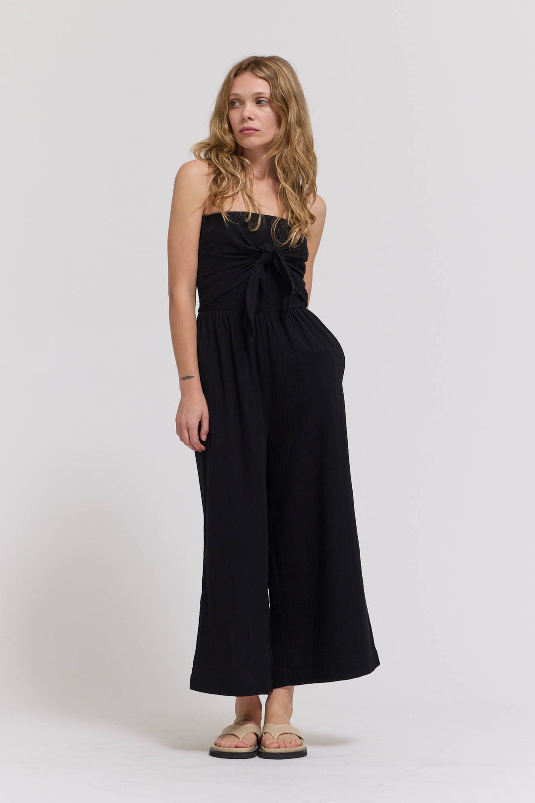 70203CG - TIE FRONT GAUZE JUMPSUIT
