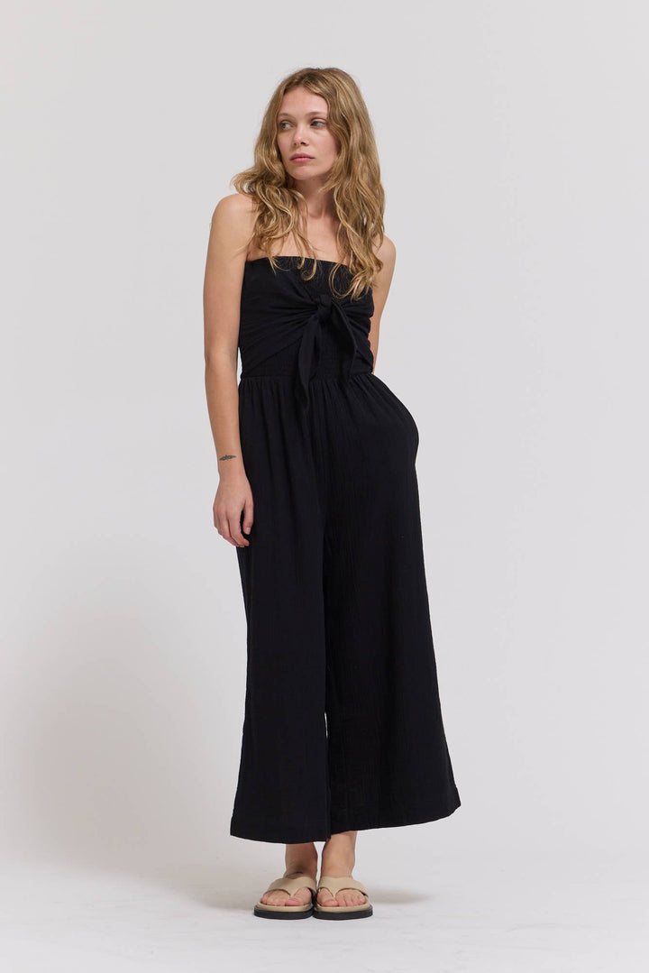 70203CG - TIE FRONT GAUZE JUMPSUIT