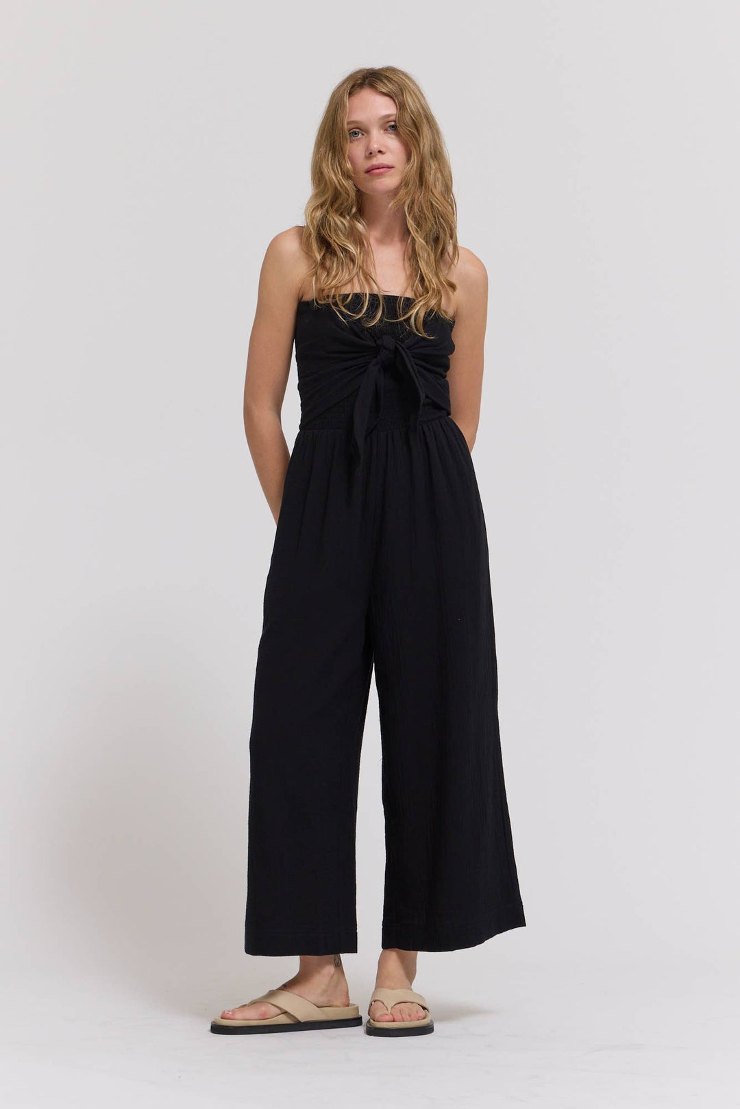 70203CG - TIE FRONT GAUZE JUMPSUIT
