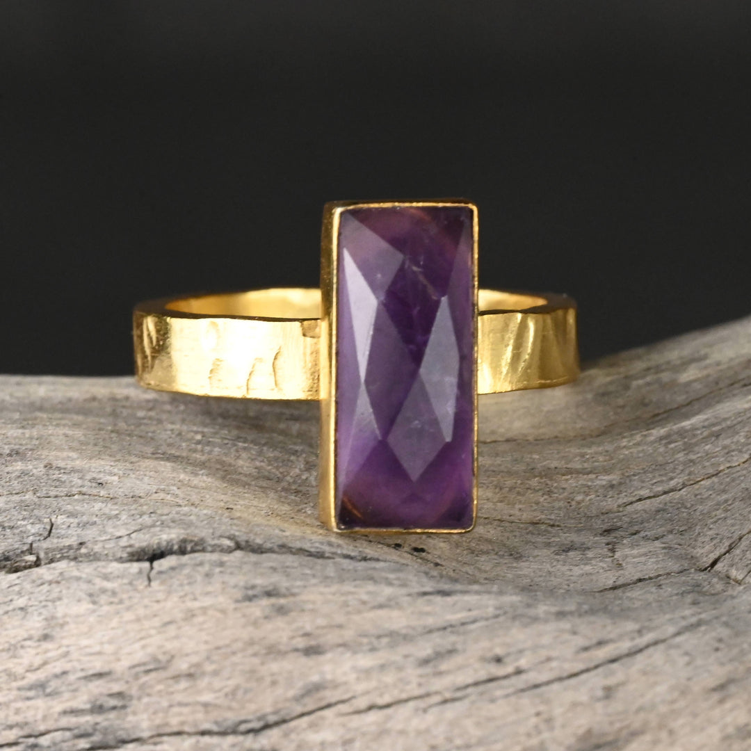 Amethyst  Rectangle Ring on a Hand Hammered Golden Band