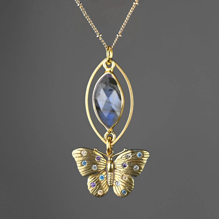 Vintage Butterfly Necklace w/ Multi Stones and Semi Precious