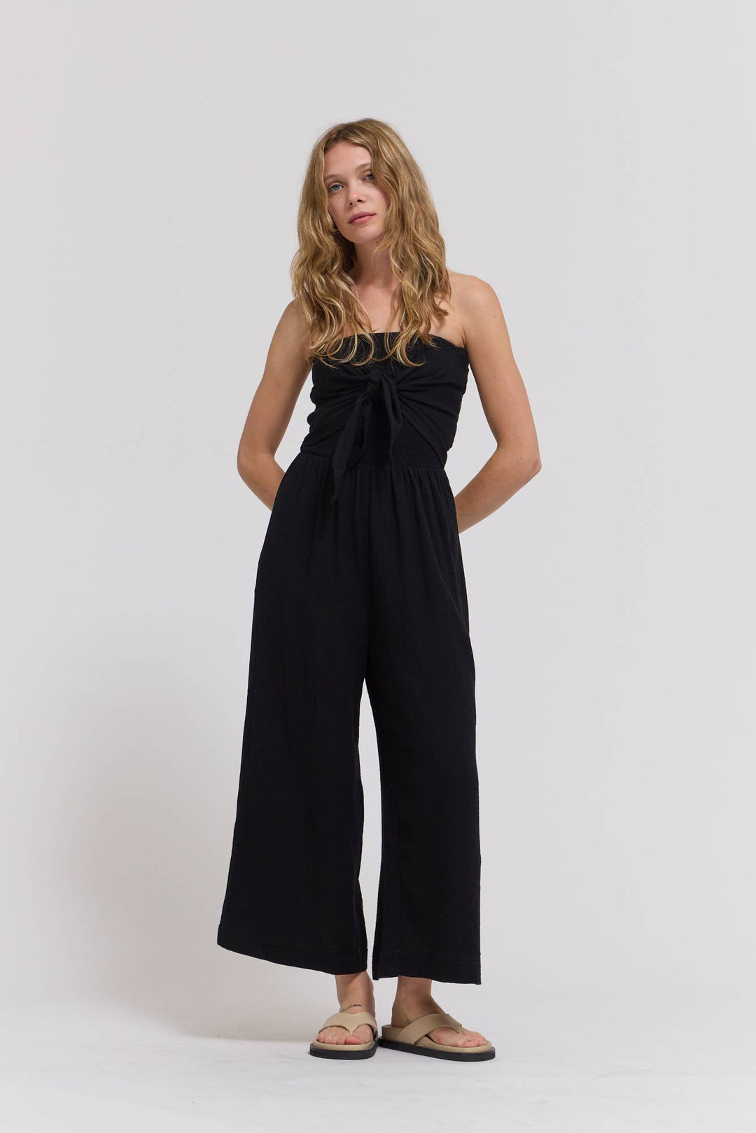 70203CG - TIE FRONT GAUZE JUMPSUIT