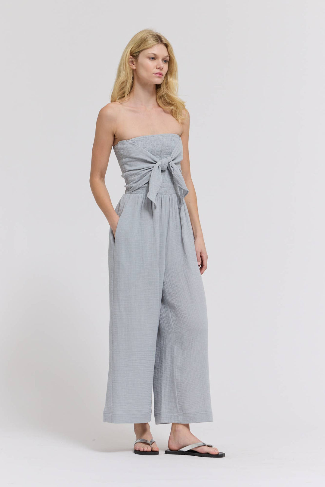 70203CG - TIE FRONT GAUZE JUMPSUIT