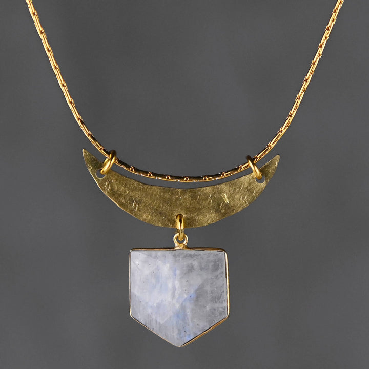 Hammered Moon & Semi Precious Shield Necklace