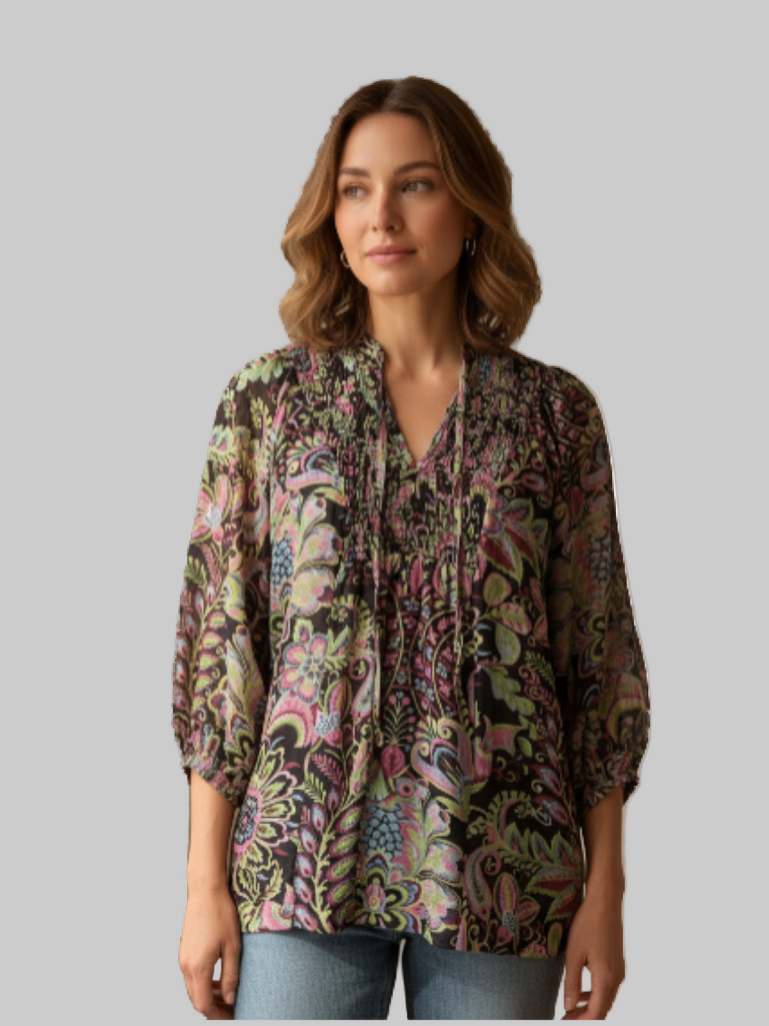 floral print blouse in pink and green