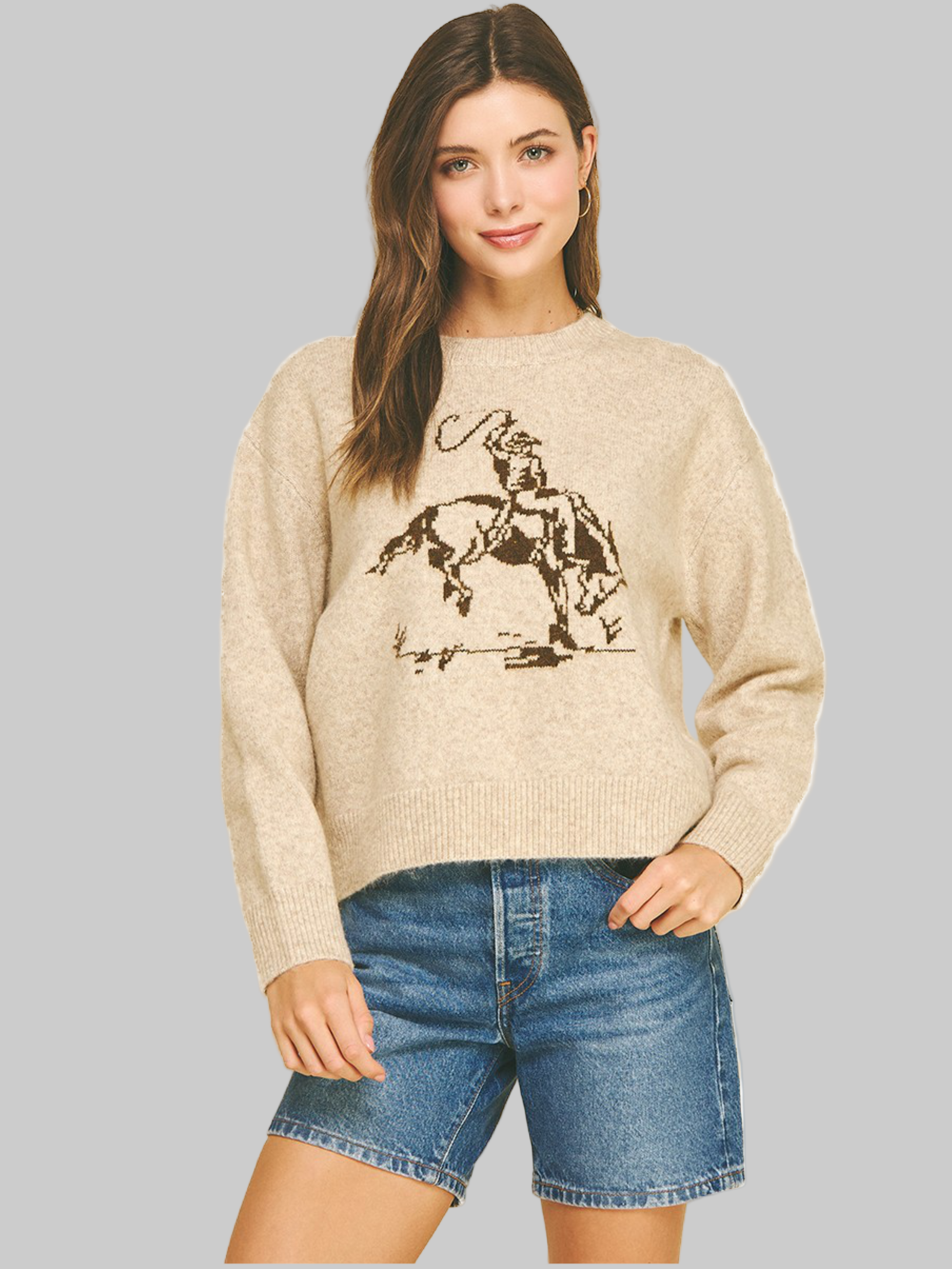 Remi Sweater: Beige with bronco rider graphic